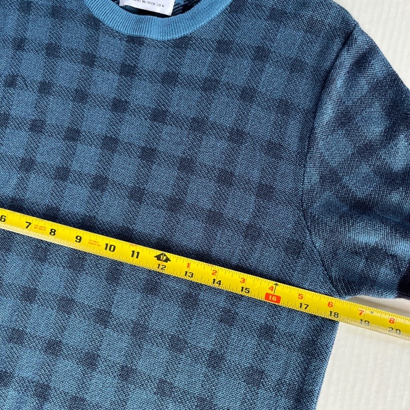 TOPMAN Sz M Blue Check Tipping Sweater Knit Shirt Stretch Short Sleeve Pullover - Picture 4 of 7